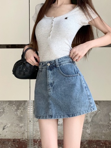 Real shot!  A-line Korean style high-waist slim denim skirt for women, versatile short skirts and pants skirts