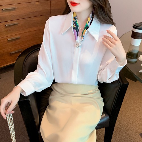 2024 Autumn New Style Dropped Shoulder Sleeve White Shirt LO Business Wear Acetate Satin High-end Top Women's Assembly Tie