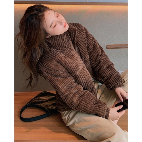 Actual shot of 2024 new stand-up collar corduroy down cotton jacket Internet celebrity female college style cotton jacket short style