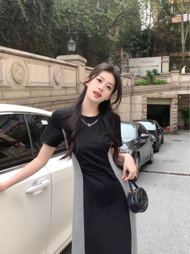 Women's retro fashion age-reducing dress women's summer new style waist-cinching lazy style slimming slit skirt