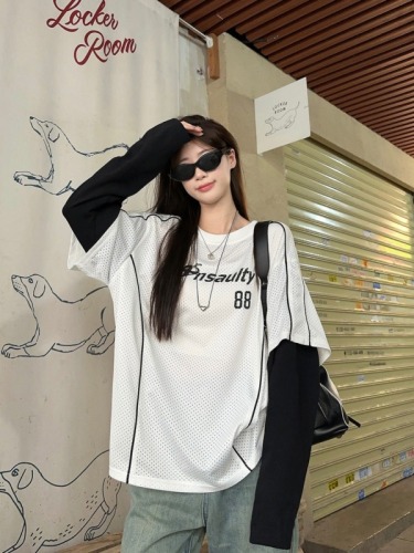 Real shot~ Fake two-piece contrasting color splicing design long-sleeved T-shirt for women, light and breathable jersey printed top