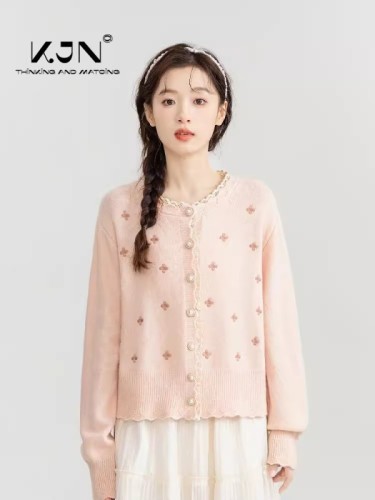 Pink lace splicing knitted cardigan for women spring and autumn new loose design sweater thin jacket short top