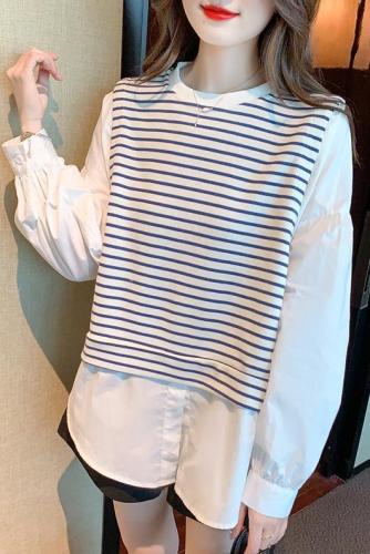 Actual shot of 2024 spring and autumn striped new style temperament splicing shirt fake two pieces of personality white sweatshirt top