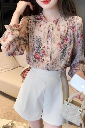 Actual shot of 2024 spring, summer and autumn long-sleeved chiffon shirt tops for women Korean style lace-up floral chiffon shirt