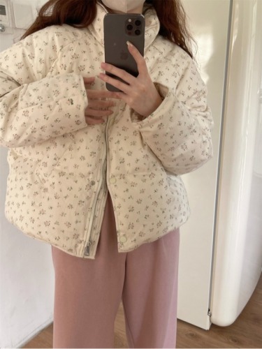 Winter new Korean style small floral short down cotton jacket with stand collar thickened bread cotton jacket for women