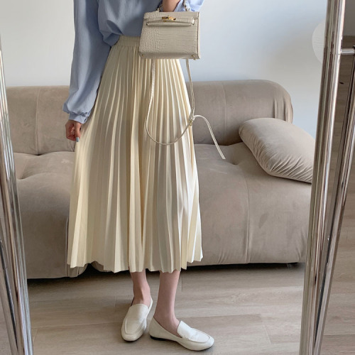 Actual shot ~ 2024 new Korean style mid-length pleated skirt with elastic waist, versatile slimming skirt, A-line skirt for women