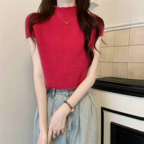 Real shot Summer new style small stand-up collar short-sleeved sweater crop top for women