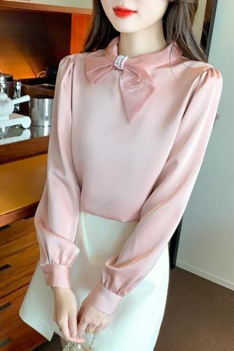 Actual shot of 2024 new women's shirt design niche spring and autumn satin fashion long-sleeved shirt