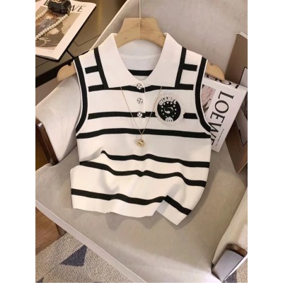 Alphanumeric Chest Label Lapel Polo Collar Striped Sleeveless Vest 2024 Summer New Slim Fit Bottoming Top for Women