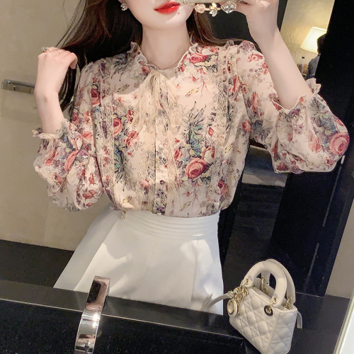 Actual shot of 2024 spring, summer and autumn long-sleeved chiffon shirt tops for women Korean style lace-up floral chiffon shirt