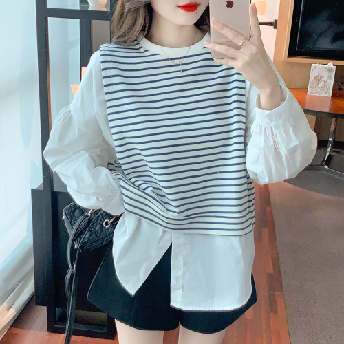 Actual shot of 2024 spring and autumn striped new style temperament splicing shirt fake two pieces of personality white sweatshirt top