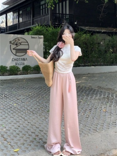 Actual shot ~ New Chinese style textured straight pants for women summer high waist casual floor mopping pants