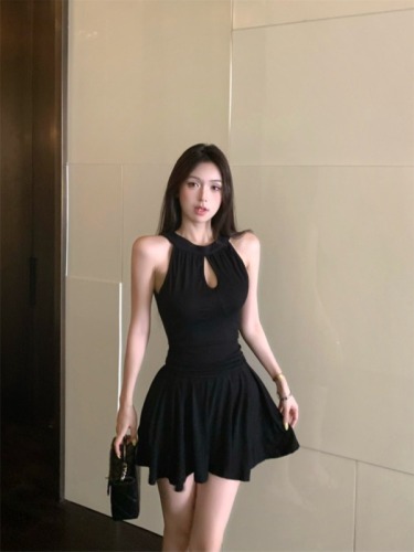 Actual shot of Korean style halterneck halter-neck waist dress