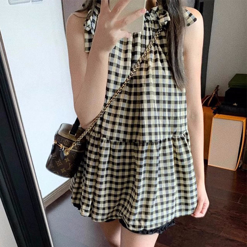 Halterneck tie bow plaid vest for women summer loose sleeveless top for women