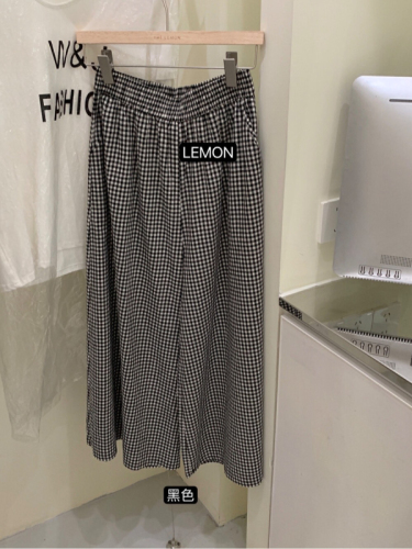 50 cotton high quality original fabric with hemmed elastic waist black and white plaid pants casual culottes loose wide leg pants