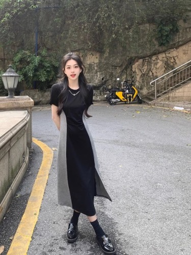 Women's retro fashion age-reducing dress women's summer new style waist-cinching lazy style slimming slit skirt