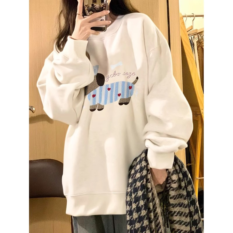 CVC cotton pasta wool Chinese cotton composite/milk silk 300g silver fox velvet 400g front printed round neck sweatshirt for women