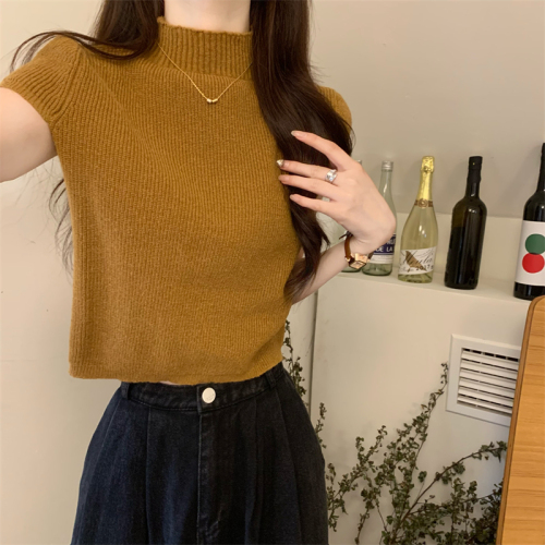 Real shot Summer new style small stand-up collar short-sleeved sweater crop top for women