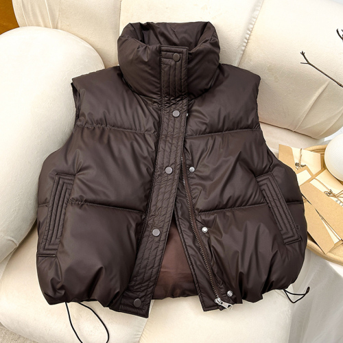 Protein PU leather simple down cotton vest 2024 winter new fashion student small stand-up collar solid color jacket