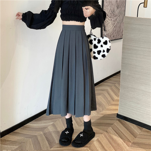 Actual shot of women's new high-waisted hip-covering A-line umbrella skirt mid-length suit pleated skirt