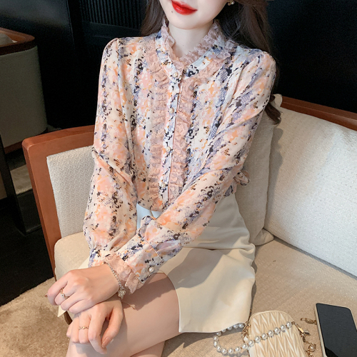 Actual shot of 2024 spring new style fashionable stand-up collar floral chiffon shirt women's long-sleeved top