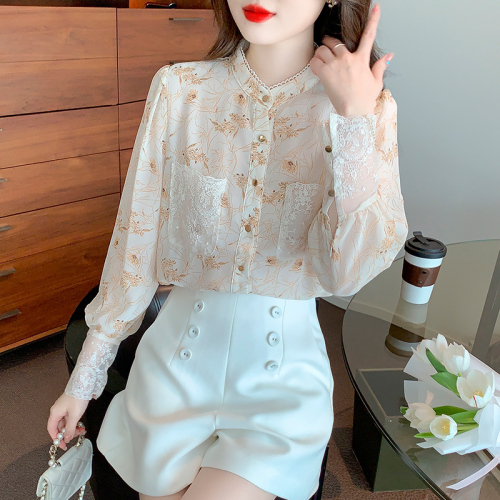 Real shot floral chiffon shirt women's long sleeve 2024 new style temperament fashion top butterfly shirt