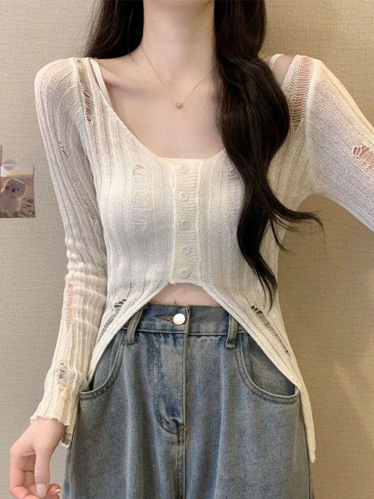Hollow hole sunscreen T-shirt for women, summer thin suspender top, hollow blouse, air conditioning shirt, design short top