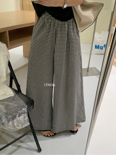 50 cotton high quality original fabric with hemmed elastic waist black and white plaid pants casual culottes loose wide leg pants