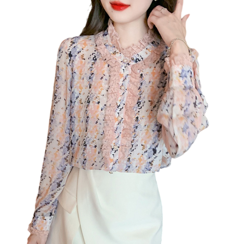 Actual shot of 2024 spring new style fashionable stand-up collar floral chiffon shirt women's long-sleeved top