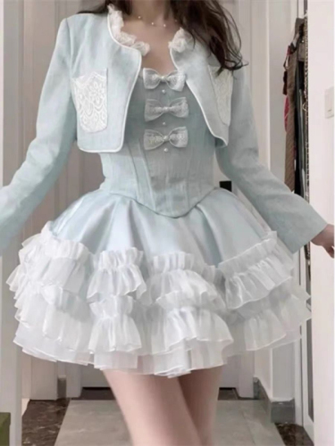 Gentle and sweet niche fugitive princess dress slimming waist suspender skirt tutu skirt + cardigan jacket suit for women