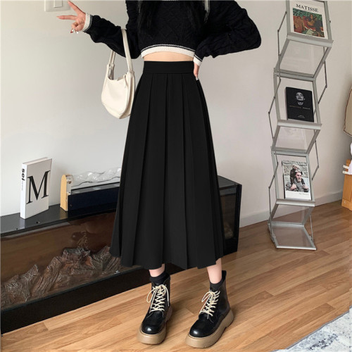 Actual shot of women's new high-waisted hip-covering A-line umbrella skirt mid-length suit pleated skirt
