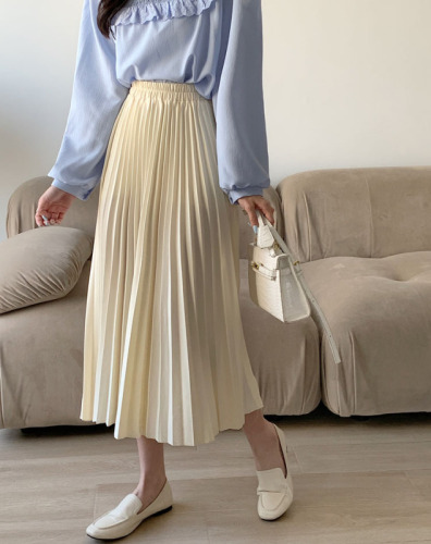 Actual shot ~ 2024 new Korean style mid-length pleated skirt with elastic waist, versatile slimming skirt, A-line skirt for women