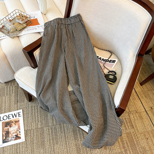 50 cotton original three-dimensional waist new Chinese style plaid wide leg pants casual loose elastic high waist straight pants