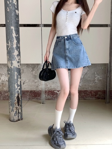 Real shot!  A-line Korean style high-waist slim denim skirt for women, versatile short skirts and pants skirts