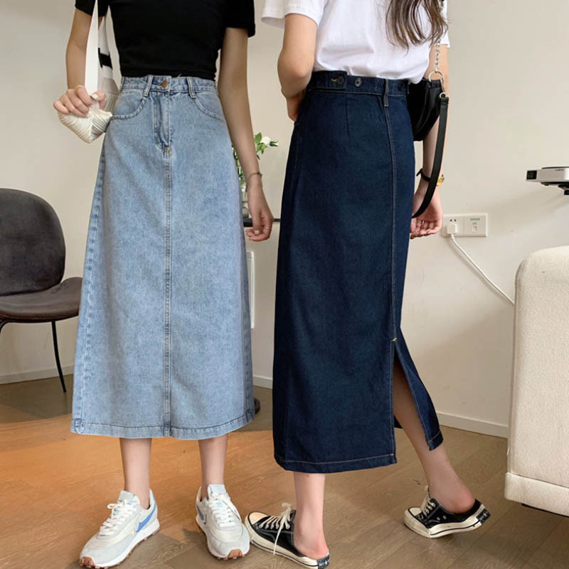 Large size denim A-line skirt for fat mm women, summer long, thin, hip-covering, slightly fat, pear-shaped figure, belly-covering skirt