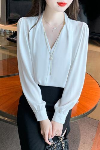 2024 Spring and Autumn V-neck white shirt women's long-sleeved satin French design niche top professional commuting top