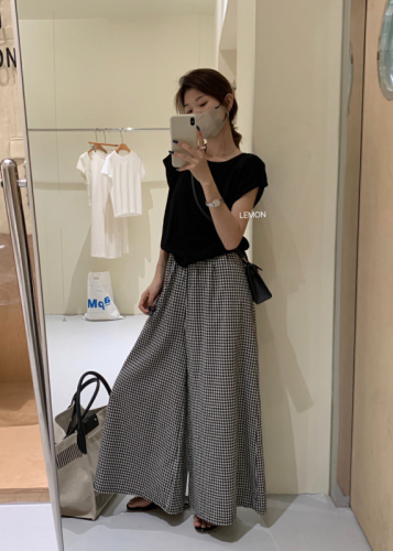 50 cotton high quality original fabric with hemmed elastic waist black and white plaid pants casual culottes loose wide leg pants