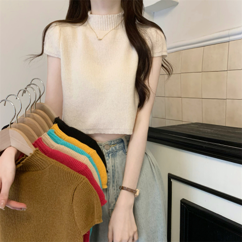 Real shot Summer new style small stand-up collar short-sleeved sweater crop top for women