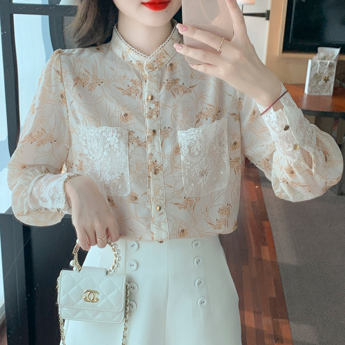 Real shot floral chiffon shirt women's long sleeve 2024 new style temperament fashion top butterfly shirt