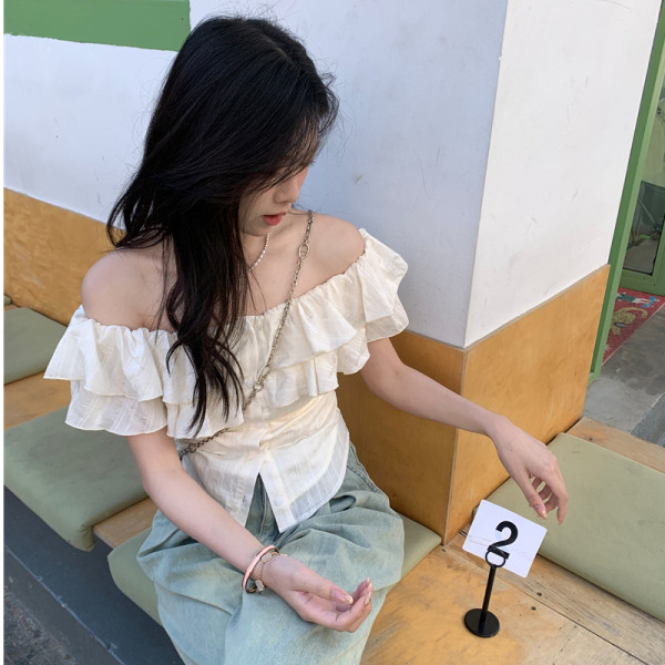 杏色法式一字領荷葉邊短袖襯衫女夏季2024新款甜美風修身短款上衣