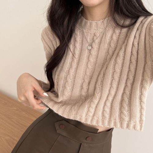 Big fat mm real shot Korean style lazy style simple round neck long sleeve twist loose pullover knitted top short sweater