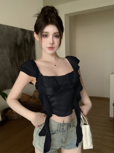 Real shot!  !  Hot girl patchwork shirt French short off-shoulder niche chic women's bone top