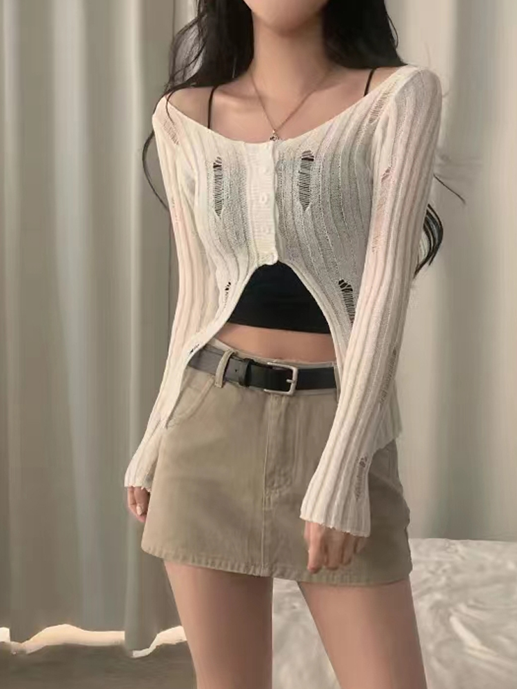 Hollow hole sunscreen T-shirt for women, summer thin suspender top, hollow blouse, air conditioning shirt, design short top