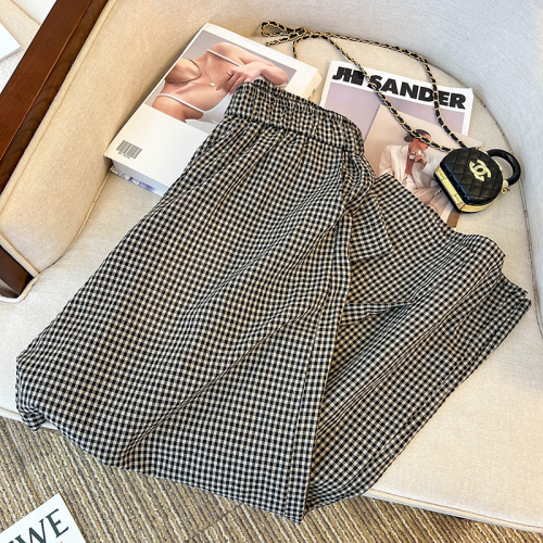 50 cotton original three-dimensional waist new Chinese style plaid wide leg pants casual loose elastic high waist straight pants