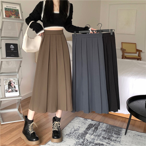 Actual shot of women's new high-waisted hip-covering A-line umbrella skirt mid-length suit pleated skirt