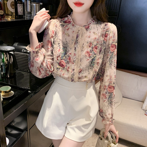 Actual shot of 2024 spring, summer and autumn long-sleeved chiffon shirt tops for women Korean style lace-up floral chiffon shirt