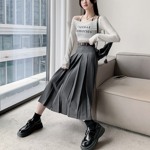 Large size solid color suit skirt for women spring versatile mid-length skirt for fat mm high waist slim casual pleated skirt