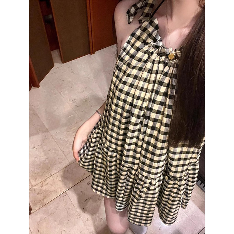 Halterneck tie bow plaid vest for women summer loose sleeveless top for women