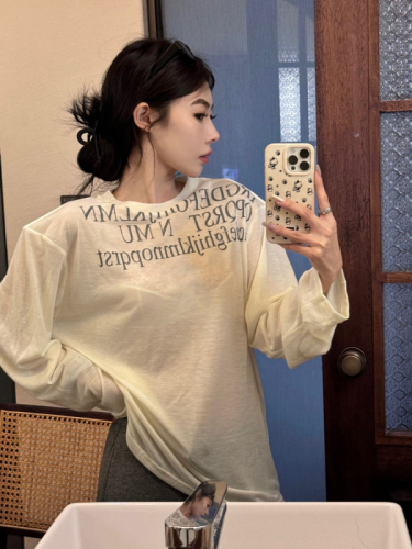 Mid-length letter printed round neck long-sleeved T-shirt for women summer loose niche hot girl casual white all-match top