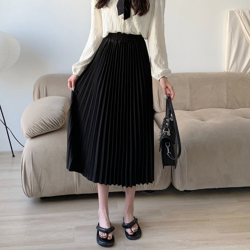 Actual shot ~ 2024 new Korean style mid-length pleated skirt with elastic waist, versatile slimming skirt, A-line skirt for women